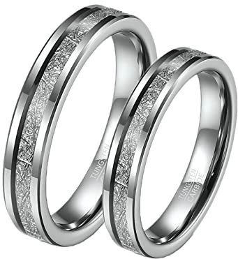 ANAZOZ Trauringe Paar Wolfram, Partnerringe mit Gravur Eheringe Damen gr.52 und Herren gr.54 4mm Silber Ring Inlay Metalldraht