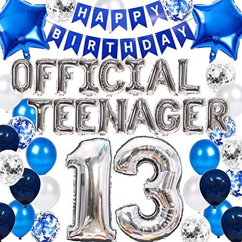 Offizielle Teenager Dekoration für 13. Geburtstag Jungen, Silber Blau 13 Geburtstags Banner Ballons mit 13. Geburtstags Konfetti Folien Luftballon Deko 13. Geburtstag Jungen