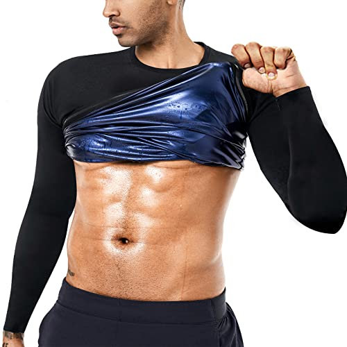 BODYSUNER Sauna Sweat Suits Shirt Waist Trainer for Men Compression Vest Workout Gym Clothes Sweat Enhancer Long Sleeve, Blue, M