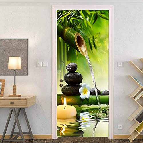 Stickers Porte Poster - Bambou Vert Méditation Zen Papier Peint Porte Trompe L'Oeil Pour Salon Chambre Décoration De La Maison Stickers Muraux Auto-Adhésif Stickers Amovibles 90X200 Cm