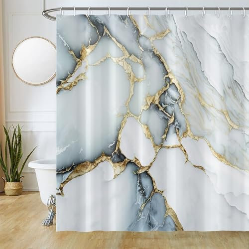 Uiiooazy Duschvorhang Grau, Duschvorhang 180x200cm Anti Schimmel Marmor Optik Blau Gelb Marmoriert Modern Duschvorhänge Stoff Waschbar Wasserdicht Polyester Bad Vorhang mit 12 Haken für Badezimmer