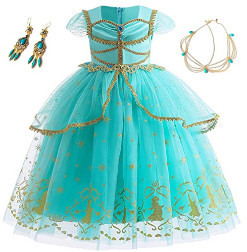 Hallojojo Kinder Jasmin Prinzessin Verkleidung Mädchen Aladdin Prinzessin Kleid mit Accessoires für Geburtstag Party Weihnachten Halloween Karneval Bühnen Aufführung Cosplay Prinzessinnenkostüm