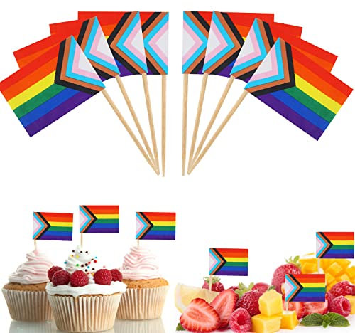 100 PCS Pride Day Toothpicks Flags, LGBT Progress Pride Rainbow Cake Topper Cupcake Toppers Small Stick Flags, Cocktail Sticks with Flag for Food Sandwich Cupcake Pride Accessories Decorations