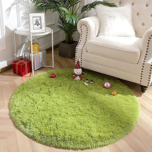 VOFUSHON Schlafzimmer Shaggy Plüsch runden Teppich Bunte Batik Faux Flauschiger Samt Moderne Innenteppiche Lange Haare Fell Optik Gemütliches Bettvorleger Sofa Matte Carpet(Grün,100 x 100 cm)