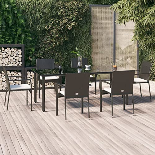 Yolola 7 teilig Garten Sitzgruppe Poly Rattan Gartenmöbel Set 6 Personen Essgruppe Gartentisch mit Stühle Stapelbare Gartengruppe Sitzgarnitur Gartengarnitur Terassenmöbel Schwarz#2