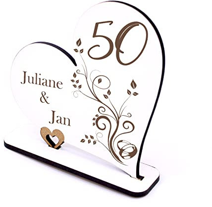 dekolando Goldene Hochzeit Deko Herz 50 Jahre Jubiläum personalisiert Tischdeko 50er Hochzeitstag Aufsteller Schild Geldgeschenk Tischaufsteller 15 x 15 cm