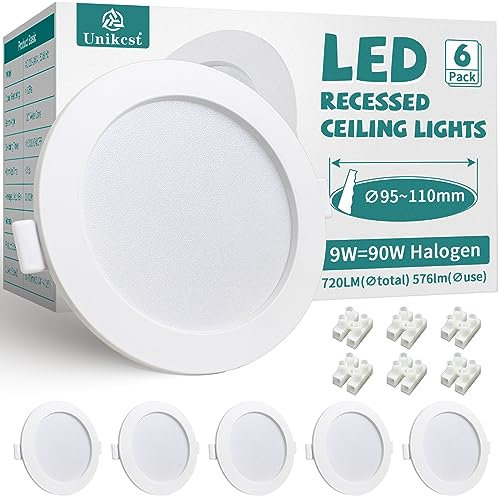 Unikcst 6er Einbaustrahler LED 9W LED Spot 95-110mm Loch Einbauleuchten KaltWeiß Deckenspots Weiß Rund 720LM für Wohnzimmer Schlafzimmer