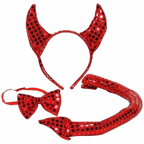 jokeshop Pailletten-Set mit roten Teufelshörnern, Schwanz und Fliege, Kostüm, Halloween, Dämonenhorn, Stirnband