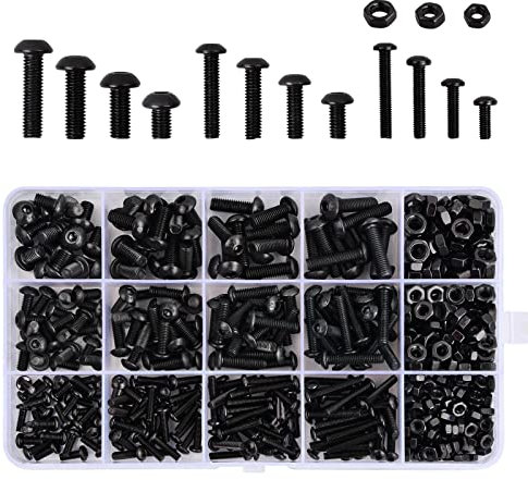 Volumoon 500Pcs Coffrets Boulons et écrous, M3/M4/M5 Vis à Tête Hexagonale,Vis à Six Pans Creux,Vis Mécanique à Tête Plate, Vis Bouton Acier au Carbone Avec Boîte En Plastique,Noir