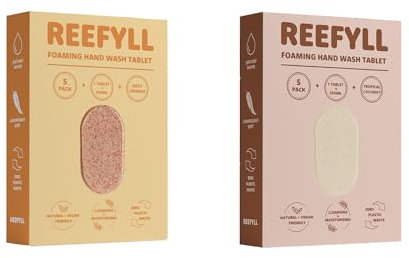 Reefyll Foaming Hand Soap 10 Refill Tablets for Foaming Dispenser only, Dissolvable Plastic Free Hand Wash Pods, Just Add Water to Transform to Velvety Foam, 5 Tropical Coconut and 5 Juicy Orange