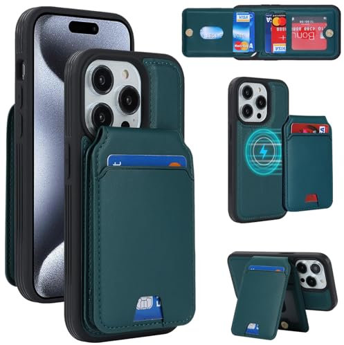 Zouzt for iPhone 15 Pro Detachable 2 in 1 Wallet Case with Card Holder for Magsafe, Magnetic PU Leather Flip Credit Slot Protective Phone Cover Women Men for iPhone 15 Pro 6.1 Inch - Green