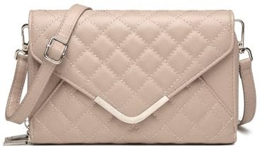JANSBEN Damen Umhängetasche Klein Leder Gesteppte Tasche Mehrere Fächer Schultertasche Vegan Crossbody Bag Handytasche Reisepass Abendtasche Ausweistaschen mit Kreditkartenfächern(Khaki)