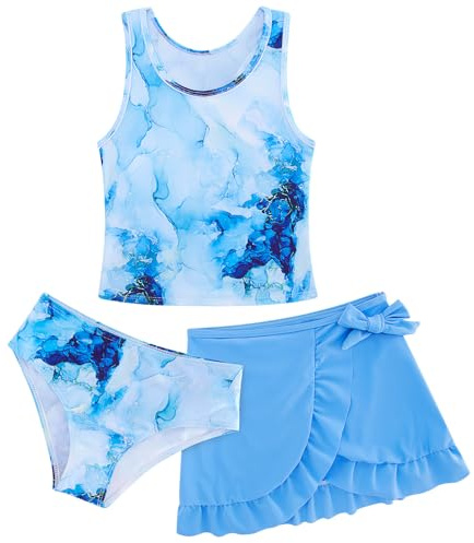 AIDEAONE Maillots de Bain pour Adolescentes, Bikini d'été, Couleurs Vives, Bleu Fantaisie, Ensemble Trois pièces, Costume de Natation, Vacances, Plage, 8-9 Ans