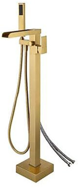 Robinet De Baignoire Cascade À Haut Débit, Remplissage De Baignoire Autoportant, Robinets De Salle De Bains À Poignée Unique En Laiton Avec Douchette À Main, L'Eau Peut Entrer Par Le Côté, Or Brossé