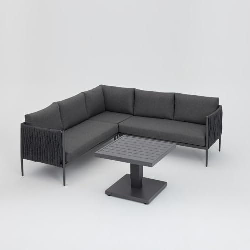 Home Detail Corner Garden Furniture Set, U Shape Garden Sofa Set, Garden Lounge Sofa Conversation Set, Luxury Garden Furniture with Rope Back, Rising Table Outdoor Garden Set (Grey L-Shape)