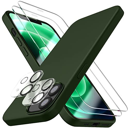 Dssairo [5 in 1 für iPhone 12 Hülle/iPhone 12 Pro Hülle 6.1, mit 2 Pack Displayschutzfolie + 2 Pack Kameraobjektivschutz, Flüssigsilikon Slim Stoßfest Schutzhülle Handyhülle(Dunkelgrün)