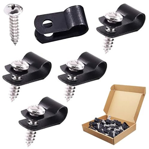 100Pcs Nylon R-Type Cable Clips, Black 1/4 Inch Nylon Plastic R-Type, Cable Cleats, R-Type Cable Clips Nylon Rope Light with Stainless Steel Screws for Wire Management, Cable Organization, Conduit