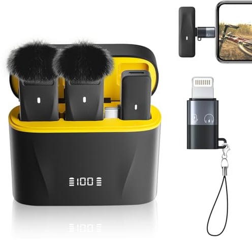 PILSAMAS Lavalier Funkmikrofon, Mini Mikrofon für iPhone, Handy Mit Ladekoffer, Windschutz - 2 Pack, 48khz 32bit, 100ft - Wireless für Videos