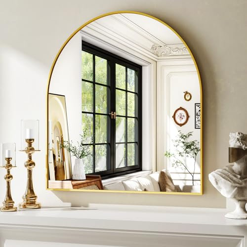 XRAMFY Espejo de baño arqueado – Espejo de Pared para baño, Espejo de cortesía con Marco de Metal, Espejo de cómoda, Espejos Decorativos para Sala de Estar, Dormitorio, Entrada, Chimenea