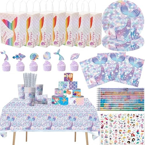 zycBernoi 145 Pcs Meerjungfrau Partygeschirr Set, Meerjungfrau Kindergeburtstag Party Mitgebsel, Party Taschen, Meerjungfrau Geburtstag Geschirr mit Teller Tischdecken Tassen Servietten für Mädchen