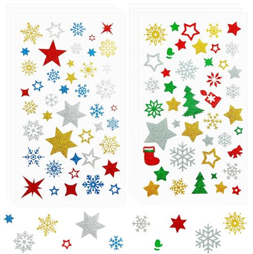 Sticker Weihnachten 264 Glitzer Aufkleber für Basteln, Sterne Weihnachtssticker Schneeflocken Weihnachtsaufkleber,Glitzersteine Selbstklebend Fenstersticker Adventskalender Kinder Weihnachtsdeko