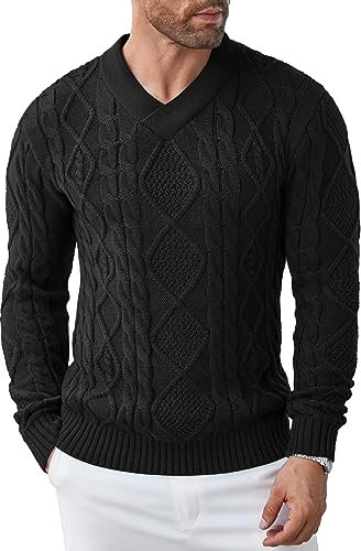 COOFANDY Men's Winter Jumper Basic Warm Sweaters V-Neck Classic Slim fit Smart Mens Knitwear Jumpers Black XL