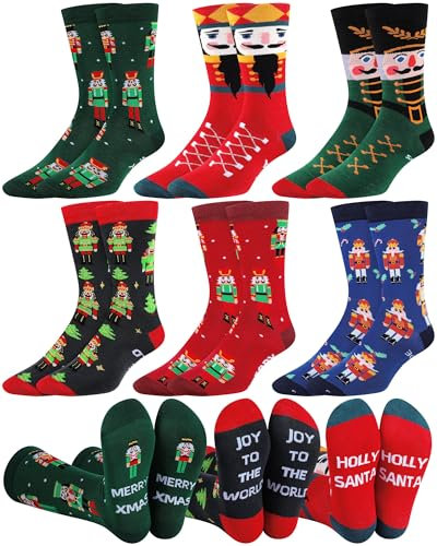Liitrsh 6 Pairs Mens Christmas Socks Novelty Patterned Dress Socks Classic Design Funny Gifts Socks for Christmas Holidays, Nutcracker, 9-13 UK