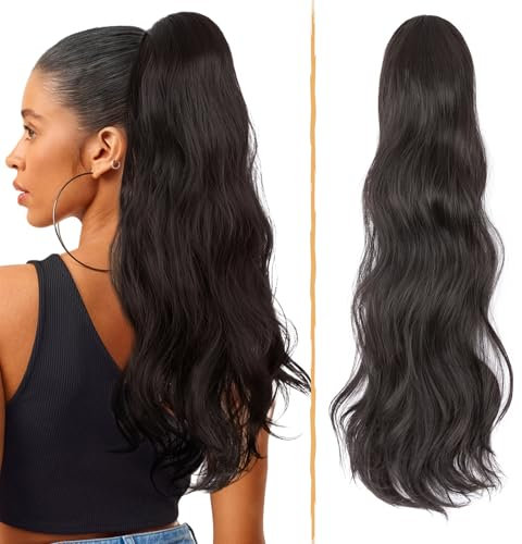 TESS Lange Pferdeschwanz Haarteil mit Kordelzug 66cm, Wellig Lockige Synthetische Ponytail Extension, Haarverlängerung Clip in Haarteile Haarzopf für Frauen Natürliches Schwarz