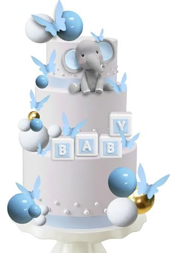 Tortendeko Elefant Set, 30 Stück Kuchen Deko Schmetterling Cake Topper Kugeln Blau Cake Decoration für Kindergeburtstag, Babyshower, Thema Party