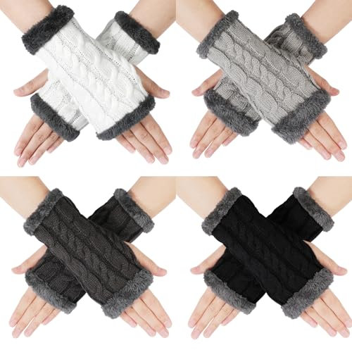 TAGVO 4 Paare Fingerlose Handschuhe Damen, Winter Thermo Laufhandschuhe mit Weiche Schicht Vlies, Winter Fingerlose Armstulpen Stricken Pulswärmer Touchscreen Handschuhe Radsporthandschuhe für Damen