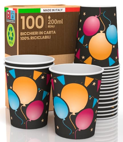 100 Bicchieri in Carta Monouso Ecologici e Biodegradabili 200ml Colorati con Fantasia BLACK PARTY Made in Italy per Asporto Bevande Calde o Fredde e Acqua - Prodotto e Confezionato in Italia