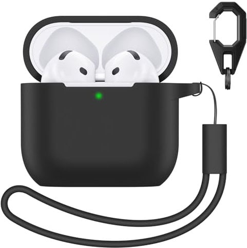Charlam Silicone Case Compatible with AirPods 4 Case 2024, Soft Full Body Case Cover Shockproof Protective Case for Apple AirPods 4th Generation Case with Lanyard and Keychain, Black