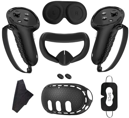 Gevvnss Set di Accessori Protettivi per Meta Quest 3 Silicone,2 Pezzi Custodia Controller,Copertura per Visore VR,Maschera per Viso,Copriobiettivo,Impugnature per Pollice×2,Maschere per Occhi×5