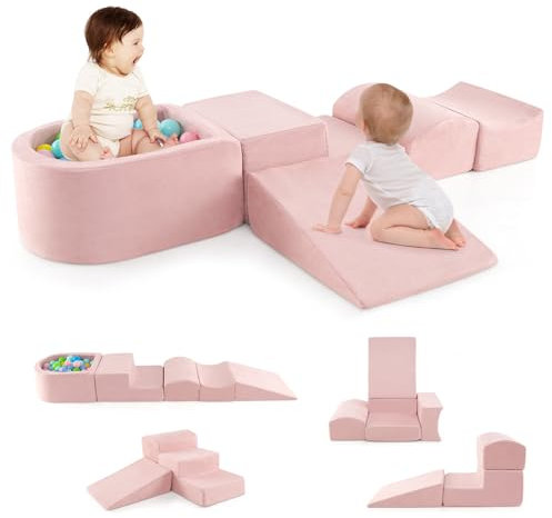 COSTWAY 5-Piece Soft Play Climbing Blocks, Baby Climb and Crawl Playset with Ball Pit, Foam Playground Montessori Toy for Toddlers (Pink)