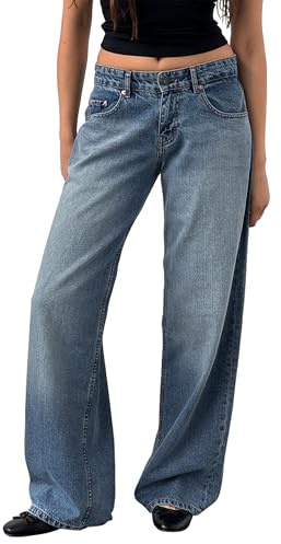 Womens Y2K Low Rise Baggy Jeans Straight Wide Leg Boyfriend Trousers Casual Loose Fit Denim Pants Streetwear (D-Blue, M)
