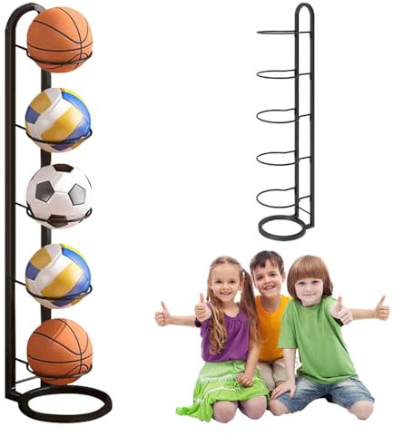 Rppiup Ball Storage Rack, 5 Tier Metal Removable Football Stand, Durable Football Holder, Multifunctional Vertical Ball Rack Display Stand for Basketball Soccer Volleyball Bedroom Indoor Outdoor