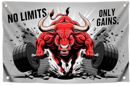 3x5 Feet Red Bull Motivation Flag No Limits, Only Gains with Four Brass Grommets - Polyester Animals Yard Outdoor or Indoor Banner - Bull Inspirational Quoted Banner for Men and Women
