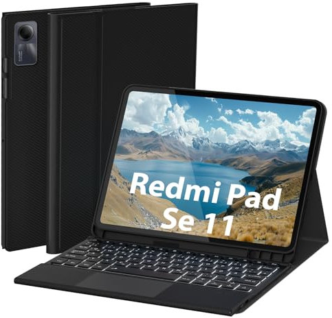 Doohoeek Tastatur Hülle für Redmi Pad SE 11, Kabellose Abnehmbare Tastatur mit Schutzhülle, 7 Farbige Hintergrundbeleuchtung, QWERTZ für Redmi Pad SE 11 Zoll, Schwarz