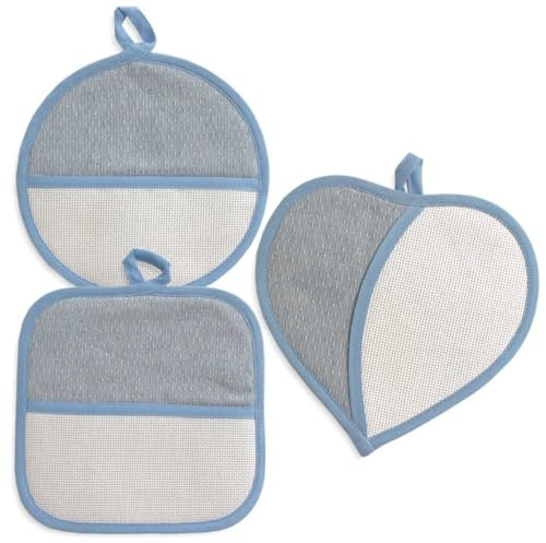 Set da 3 Pezzi presine da cucina da ricamare a punto croce, Presine da Cucina con Tela Aida, Tre pezzi di Presine a forma: Cuore, Tonda, Quadrata. (168 Azzurro)