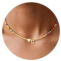 TINGN Bunte Perlenkette für Damen Mädchen - Handgefertigt Gold Bunte Perlen Kette mit Buchstaben Herz Anhänger Kette Kinder Geburtstagsgeschenke Geschenke für Frauen Teenager Mädchen Kinder Schmuck