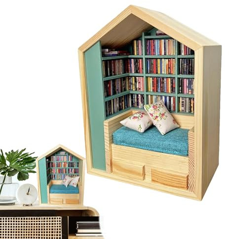 3D Tiny House Library - Elegantes Miniatur -Buchnook -Kit, Holzhaus -Kit | Handgefertigte kreative Handwerkszene, winzige Welt in Holz, Heimdekoration für Wohnzimmer, Schlafzimmerausstellungsregal