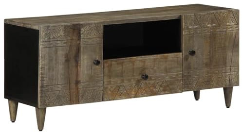 UJCHVHN Meuble TV gris clair 105 x 33,5 x 46 cm en bois massif de manguier et armoires de rangement et supports