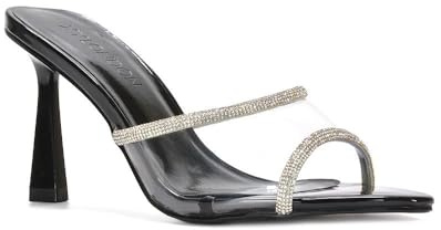 ESSEX GLAM Women's High Heel Clear Mule Ladies Sparkly Diamante Slip On Sandals Perspex Peep Toe Party Shoes Size 3-8