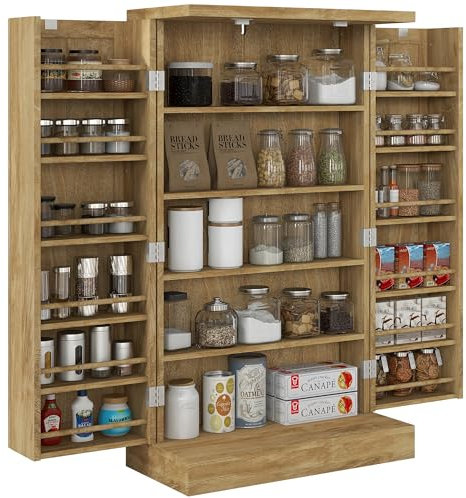 HOMCOM Armario de Cocina Armario Despensa Cocina con 2 Puertas de Ratán y 16 Estantes Alacena Moderna con Estantes Ajustables para Comedor Salón 60x30x104 cm Natural