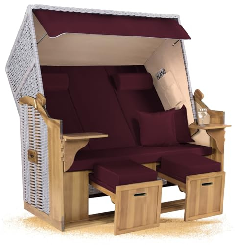 Strandkorb Hanse Ostsee XXL 2,5 Sitzer Volllieger Weiß 150cm breit, ideal für Garten, Terrasse und Balkon (Rot Uni, Montiert)