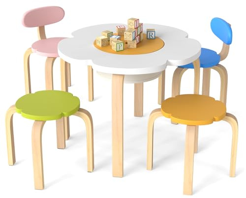 GYMAX Kids Table and 4 Chair, Children Activity Desk with 4 Chairs | 5 Pieces Wooden Toddler Table and Chair Set for Playroom Bedroom (Colorful, With Storage Space: 60 x 60 x 45cm)