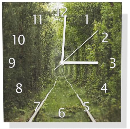 Wallario Design Wanduhr Verwunschener Tunnel aus Bäumen aus Aluverbund, Alu-Uhr Größe 30 x 30 cm, weiße Zeiger mit Metalloptik