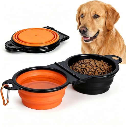 Anti-Tipping Connected Dual Foldable Pet Bowls, 350ml each for small dogs & cats, reinforced rim, collapsible portable food & water feeder, great for walking, hiking, outdoor activities Black & Orange