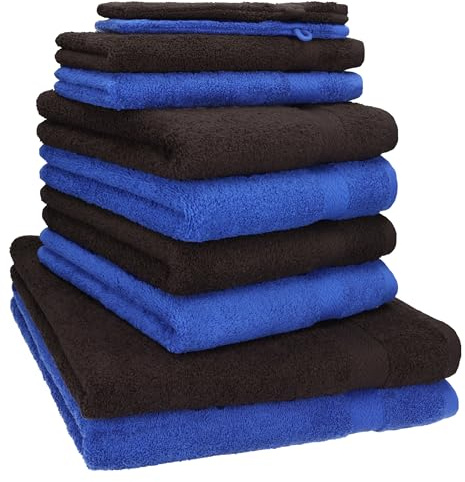 Betz 10-TLG. Handtuch-Set Premium 100% Baumwolle 2 Duschtücher 4 Handtücher 2 Gästetücher 2 Waschhandschuhe Farbe Royal Blau & Dunkel Braun