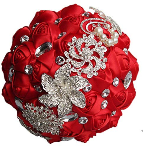 Fouriding Handgemachte Brosche Brautstrauß Braut Satin Rosen Blumen Strass Perlen Blumensträusse Hochzeit Strauß Künstliche Blumen Blumenstrauß künstlicher Rosenstrauß Deko (Rot)